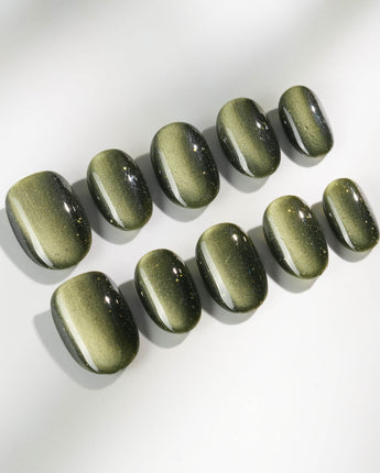 Alga press-on nail set — Deep Dark Green, Cat Eye Glossy Effect. design, hand-painted with real gel polish