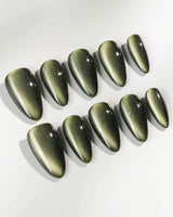 Alga handmade press-on nails featuring Deep Dark Green, Cat Eye Glossy Effect.
