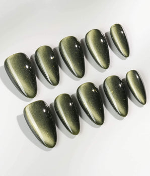 Alga handmade press-on nails featuring Deep Dark Green, Cat Eye Glossy Effect.