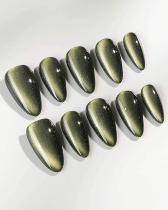 Alga handmade press-on nails featuring Deep Dark Green, Cat Eye Glossy Effect.