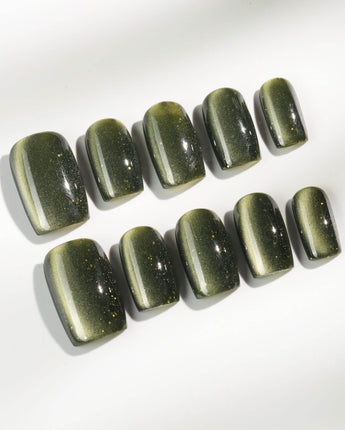 Alga press-on nails in short square shape — Deep Dark Green, Cat Eye Glossy Effect.