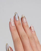 Vintage Mist press-on nails with soft neutral marble, metallic gold foil and elegant pearls