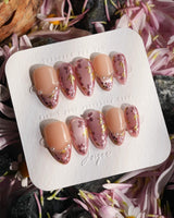 Falling Sakura press-on nails — Elegant Rosy Mauve, Hand-painted Blooms & Pearls. handmade nail art by Joyee Nails