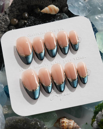 Malta Blue press-on nail set — Malta Blue french tip nails design, hand-painted with real gel polish
