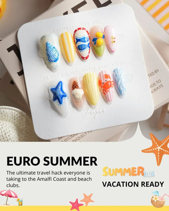Amalfi Day short almond nails with lemon yellow, Mediterranean blue, crab, and starfish art