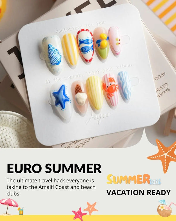 Amalfi Day short almond nails with lemon yellow, Mediterranean blue, crab, and starfish art