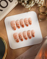 Amber Maple press-on nails — orange french tips gold outline maple leaves handmade nail art by Joyee Nails