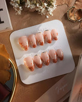 Amber Maple press-on nails — orange french tips gold outline maple leaves handmade nail art by Joyee Nails