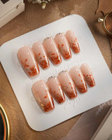 Amber Maple press-on nails — orange french tips gold outline maple leaves handmade nail art by Joyee Nails