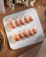Amber Maple press-on nails — orange french tips gold outline maple leaves handmade nail art by Joyee Nails