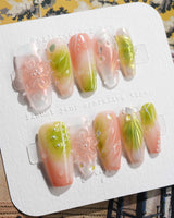 Aqua - Spring Ripple Bloom press-on nails — Vivid Pink & Green, 3D Flowers & Aurora Smudge. handmade nail art by Joyee Nails