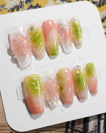 Aqua - Spring Ripple Bloom press-on nails — Vivid Pink & Green, 3D Flowers & Aurora Smudge. handmade nail art by Joyee Nails