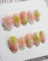 Aqua - Spring Ripple Bloom press-on nails — Vivid Pink & Green, 3D Flowers & Aurora Smudge. handmade nail art by Joyee Nails