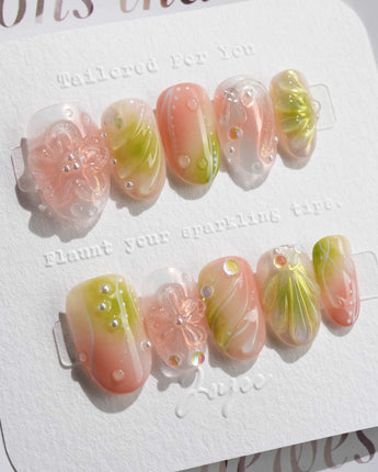 Aqua - Spring Ripple Bloom press-on nails — Vivid Pink & Green, 3D Flowers & Aurora Smudge. handmade nail art by Joyee Nails