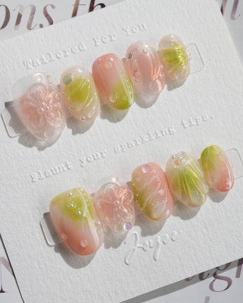 Aqua - Spring Ripple Bloom press-on nails — Vivid Pink & Green, 3D Flowers & Aurora Smudge. handmade nail art by Joyee Nails