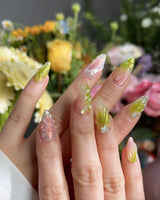 Aqua - Spring Ripple Bloom press-on nails — Vivid Pink & Green, 3D Flowers & Aurora Smudge. handmade nail art by Joyee Nails