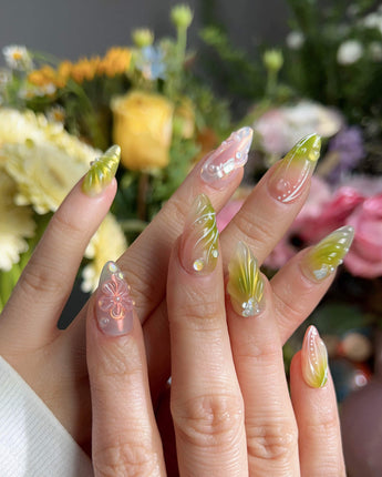 Aqua - Spring Ripple Bloom press-on nails — Vivid Pink & Green, 3D Flowers & Aurora Smudge. handmade nail art by Joyee Nails