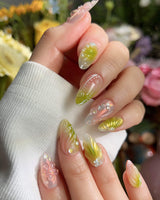 Aqua - Spring Ripple Bloom handmade press-on nails featuring Vivid Pink & Green, 3D Flowers & Aurora Smudge.