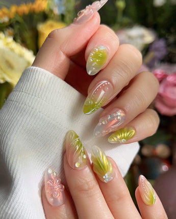 Aqua - Spring Ripple Bloom handmade press-on nails featuring Vivid Pink & Green, 3D Flowers & Aurora Smudge.