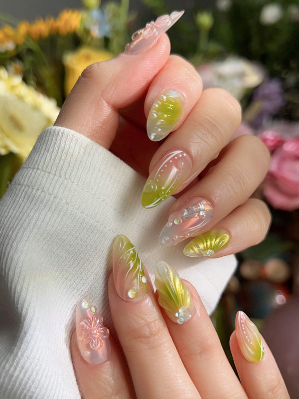 Aqua - Spring Ripple Bloom handmade press-on nails featuring Vivid Pink & Green, 3D Flowers & Aurora Smudge.