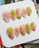 Aqua - Spring Ripple Bloom press-on nails — Vivid Pink & Green, 3D Flowers & Aurora Smudge. handmade nail art by Joyee Nails