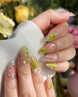 Aqua - Spring Ripple Bloom press-on nails — Vivid Pink & Green, 3D Flowers & Aurora Smudge. handmade nail art by Joyee Nails