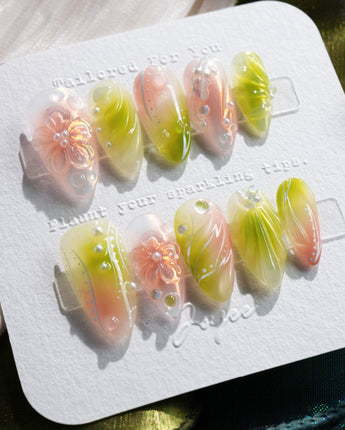 Aqua - Spring Ripple Bloom press-on nails — Vivid Pink & Green, 3D Flowers & Aurora Smudge. handmade nail art by Joyee Nails