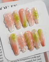 Aqua - Spring Ripple Bloom press-on nails in long coffin shape — Vivid Pink & Green, 3D Flowers & Aurora Smudge.