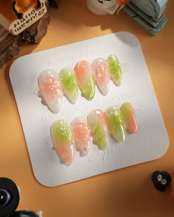 Aqua - Spring Ripple Bloom press-on nails in medium almond shape — Vivid Pink & Green, 3D Flowers & Aurora Smudge.