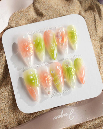 Aqua - Spring Ripple Bloom press-on nails in medium stiletto shape — Vivid Pink & Green, 3D Flowers & Aurora Smudge.