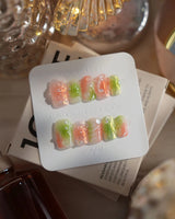 Aqua - Spring Ripple Bloom press-on nails in short square shape — Vivid Pink & Green, 3D Flowers & Aurora Smudge.