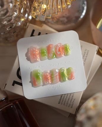 Aqua - Spring Ripple Bloom press-on nails in short square shape — Vivid Pink & Green, 3D Flowers & Aurora Smudge.