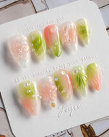 Aqua - Spring Ripple Bloom press-on nails in short stiletto shape — Vivid Pink & Green, 3D Flowers & Aurora Smudge.