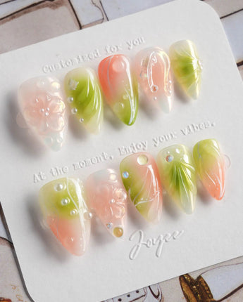 Aqua - Spring Ripple Bloom press-on nails in short stiletto shape — Vivid Pink & Green, 3D Flowers & Aurora Smudge.