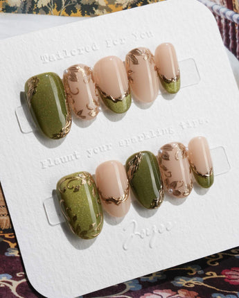Aquagrass - Liquid Ballerina nails — Vintage Olive Green, Embossed by Joyee Nails