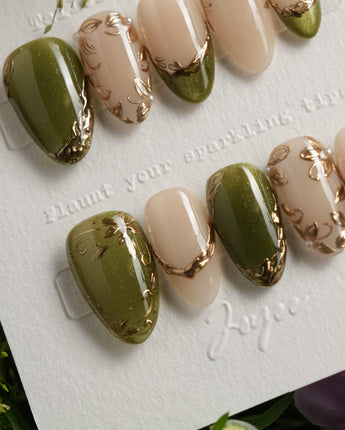 Aquagrass - Liquid Ballerina press-on nails — Vintage Olive Green, Embossed