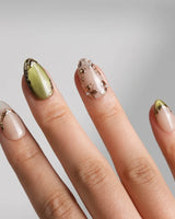 Aquagrass - Liquid Ballerina nail art close-up showing Vintage Olive Green, Embossed Gold Leaves & French Tips. details