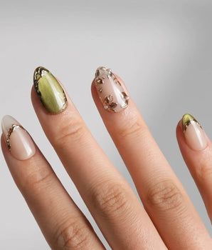 Aquagrass - Liquid Ballerina nail art close-up showing Vintage Olive Green, Embossed Gold Leaves & French Tips. details