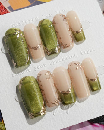 Aquagrass - Liquid Ballerina press-on nails in medium square shape — Vintage Olive Green, Embossed Gold Leaves & French Tips.