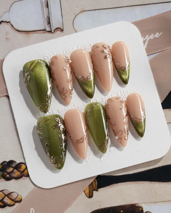 Aquagrass - Liquid Ballerina nails in medium stiletto — Vintage Olive Green, Embossed