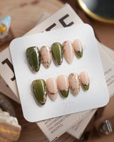 Aquagrass - Liquid Ballerina handmade press-on nails featuring Vintage Olive Green, Embossed Gold Leaves & French Tips.