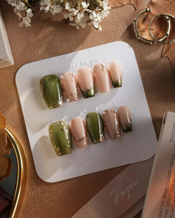 Aquagrass - Liquid Ballerina press-on nails in short coffin shape — Vintage Olive Green, Embossed Gold Leaves & French Tips.