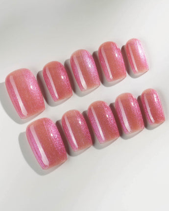 Aurora Mirage press-on nails in short square shape — Dusty Rose, Velvet Cat Eye.