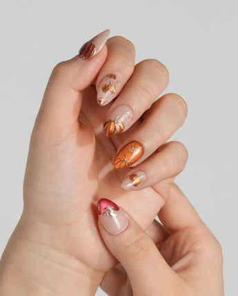 Autumn Bounty press-on nails with fall fruit accents, gold outlines and dimensional gel art