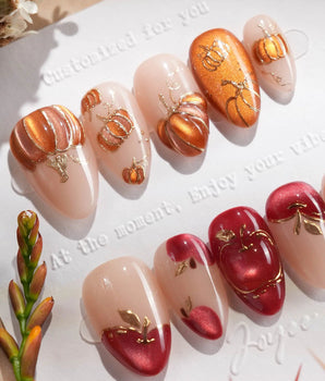 Hand-painted pumpkin and apple press-on nails