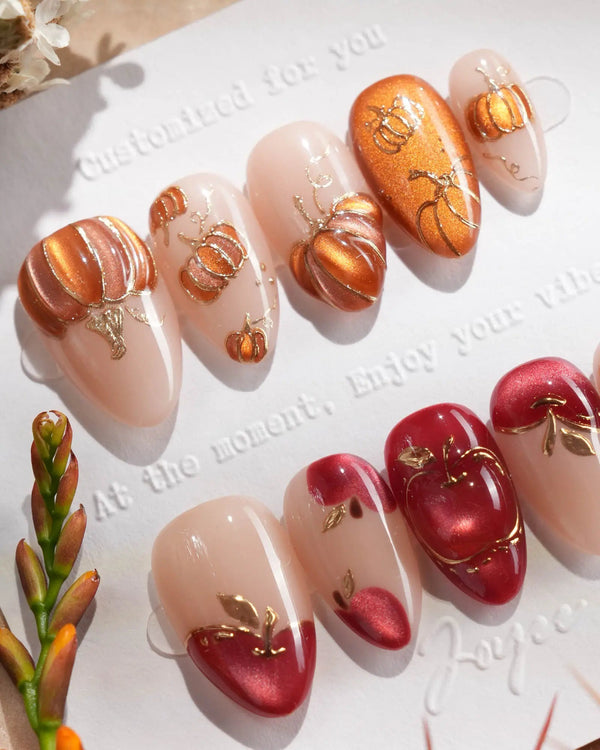 Hand-painted pumpkin and apple press-on nails
