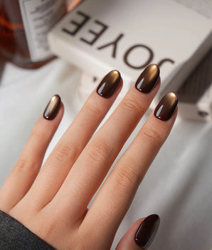Autumn Cat Eye Press On Nails – Handmade Magnetic Velvet – 10 Colors Short Oval with brown gold&silver green non-3d cat eye nails handmade press-on nails - image 2