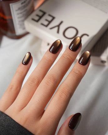 Autumn Cat Eye Press On Nails – Handmade Magnetic Velvet – 10 Colors Short Oval with brown gold&silver green non-3d cat eye nails handmade press-on nails - image 2