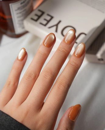 Autumn Cat Eye Press On Nails – Handmade Magnetic Velvet – 10 Colors Short Oval with brown gold&silver green non-3d cat eye nails handmade press-on nails - image 3