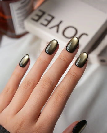 Autumn Cat Eye Press On Nails – Handmade Magnetic Velvet – 10 Colors Short Oval with brown gold&silver green non-3d cat eye nails handmade press-on nails - image 6